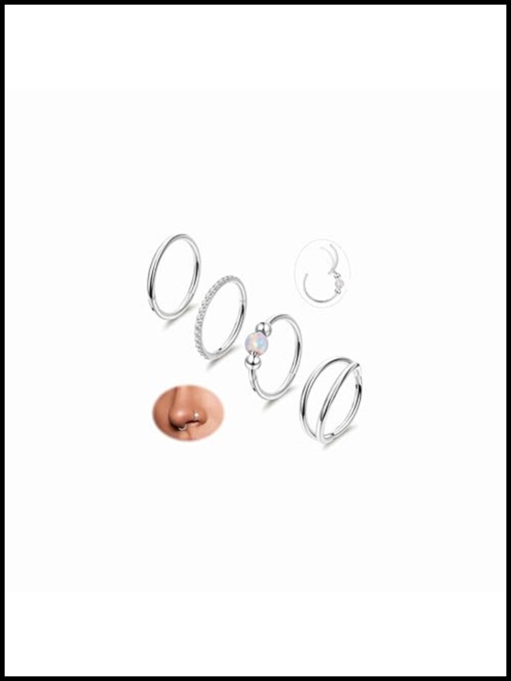 4PC 18G Surgical Steel Nose Ring Hoop Set Hinged CZ Opal Clicker Septum
